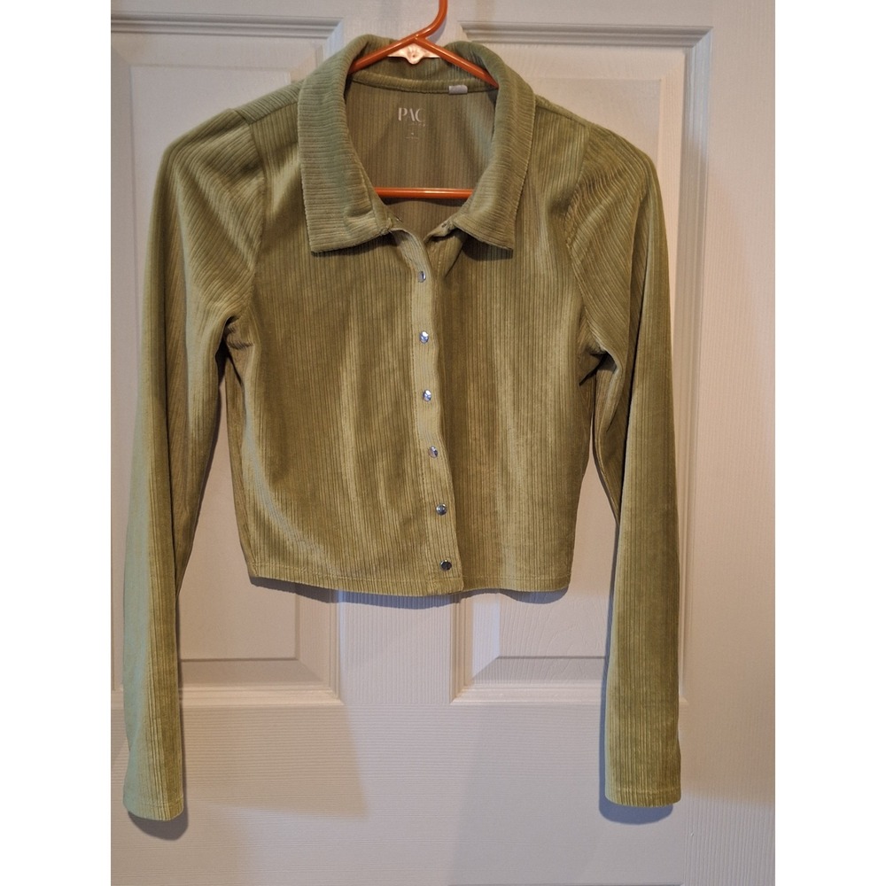 PacSun Pac Cares Olive Green Corduroy Cropped Long Sleeve Snap Front Top M